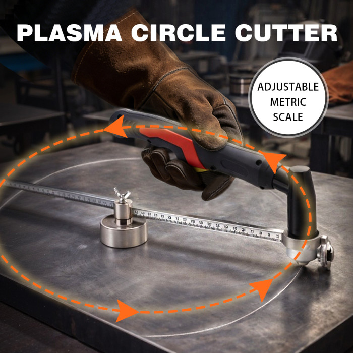 Complete package contents of plasma circle cutting compass including compass tool, lock buckle, and guide wheel assembly