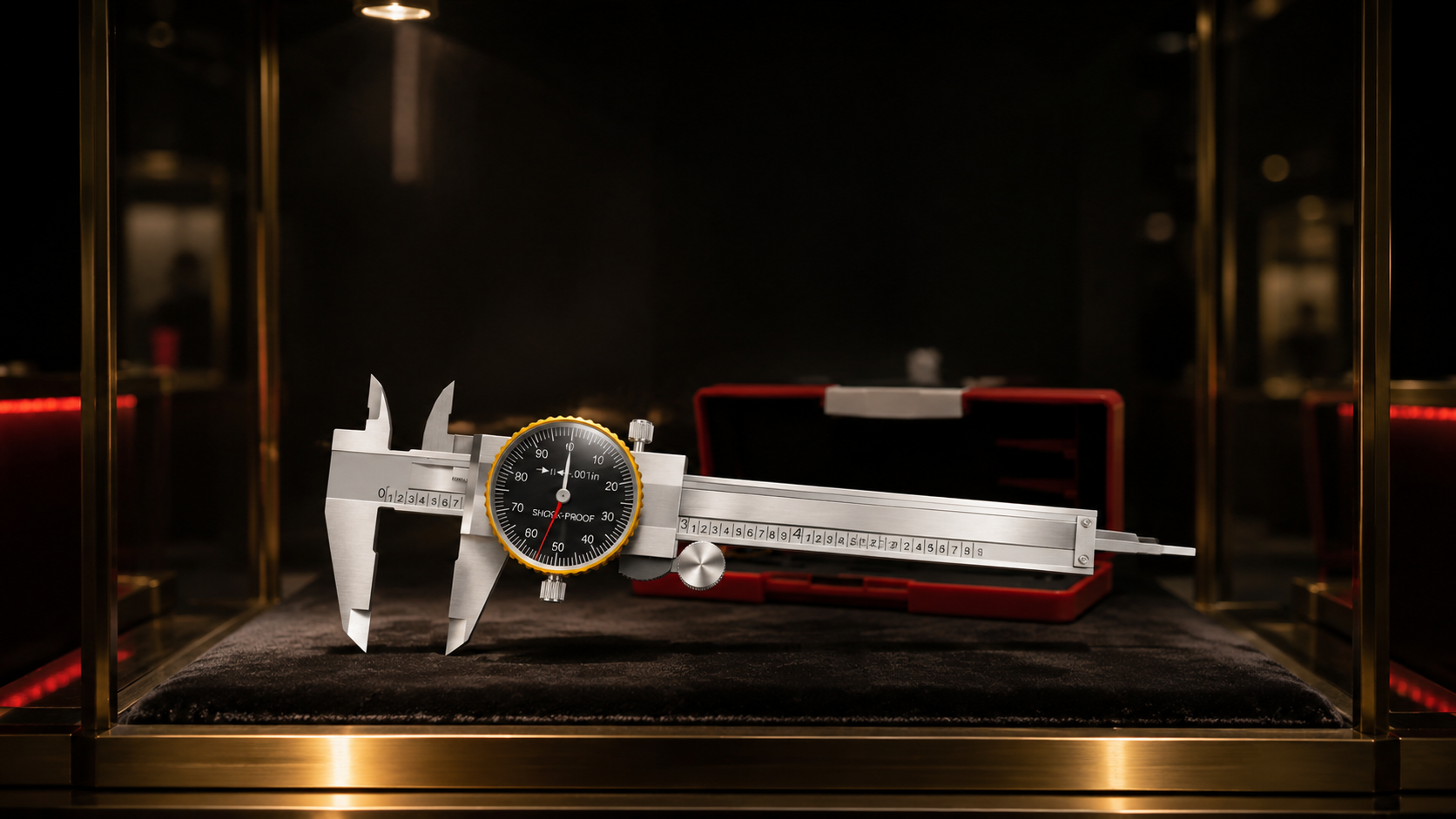 Mechanical dial caliper illuminated inside a premium glass showcase