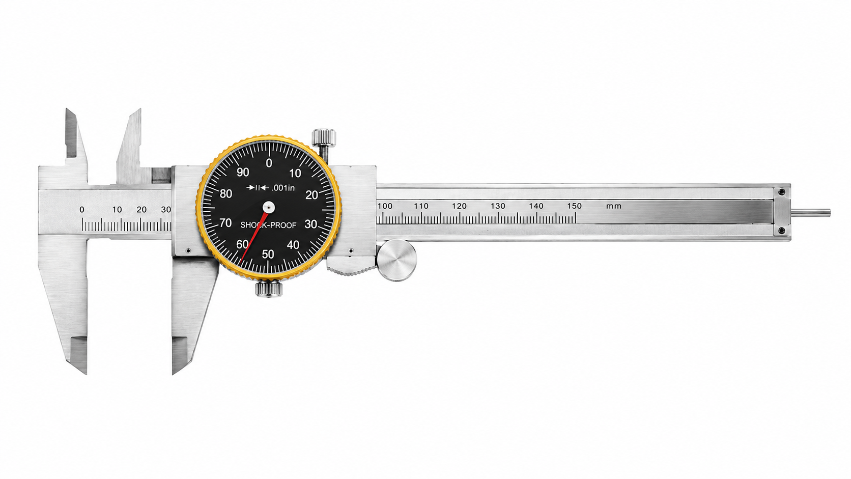 Mechanical dial caliper with black dial, gold bezel and red pointer