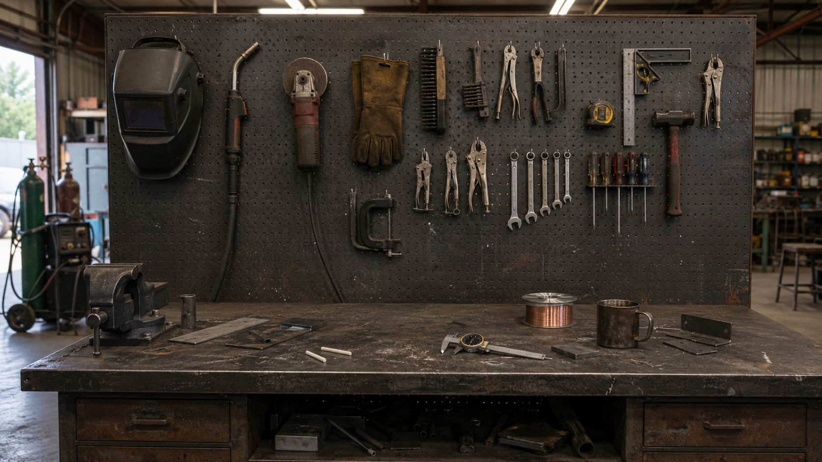 American welder's tool wall and workbench