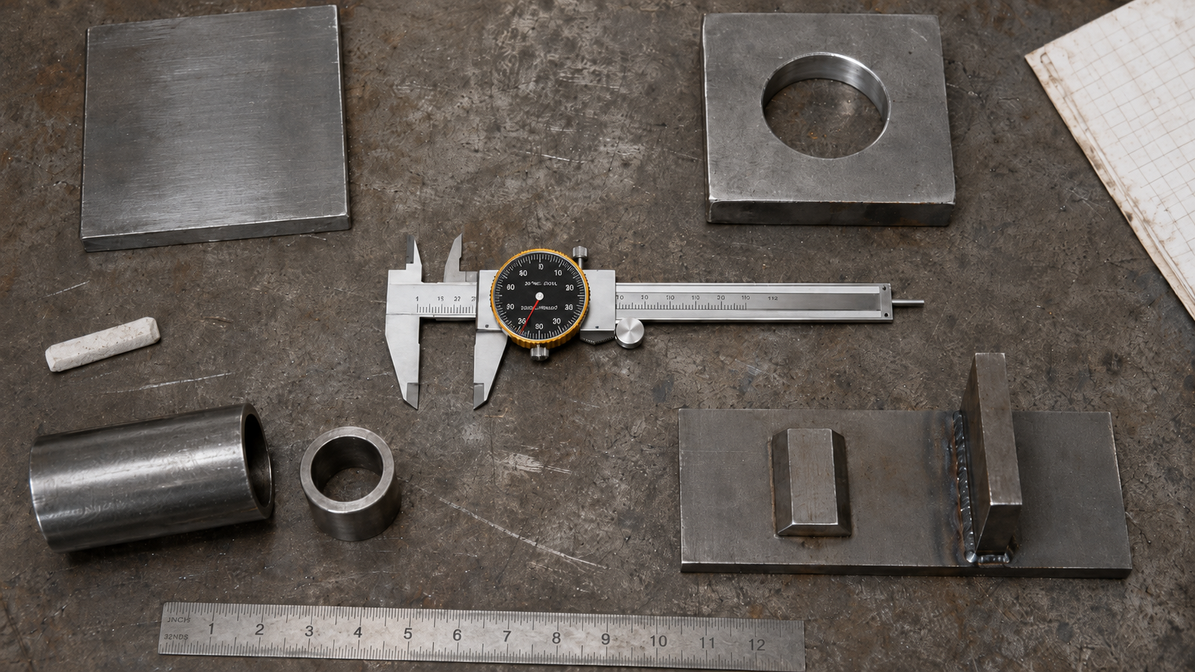 Dial caliper at the center of several fabrication tasks