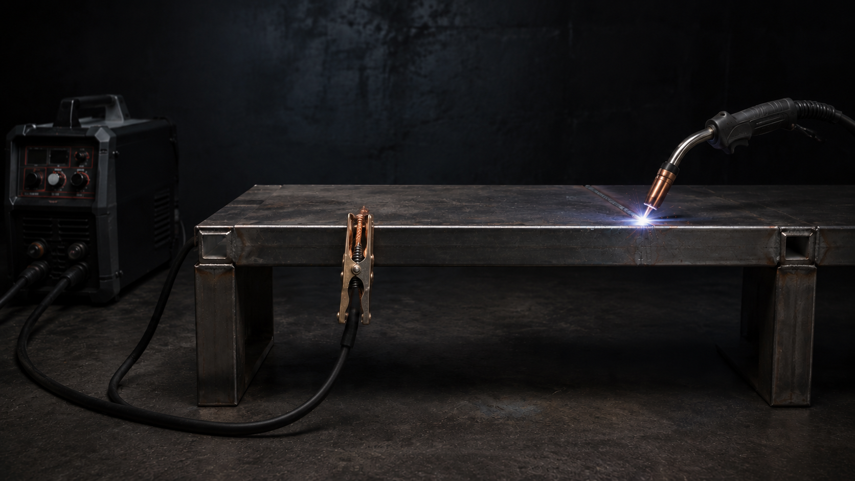 Complete welding circuit with welding machine, torch, workpiece and work clamp