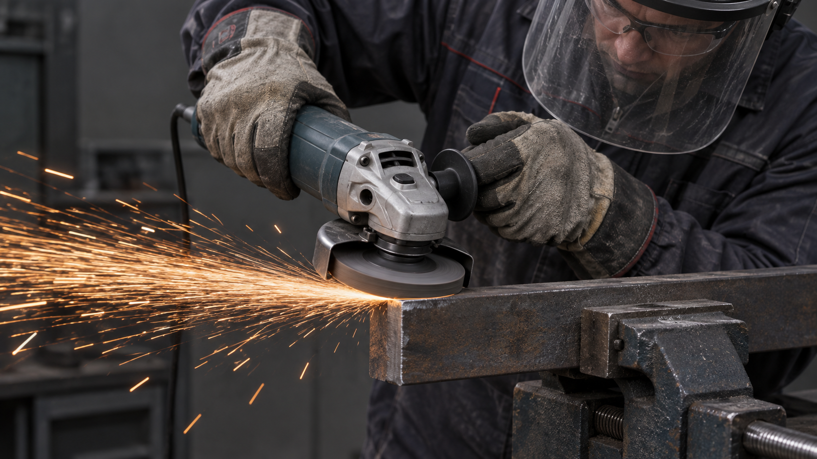 Steel grinding with a fan of sparks leaving the contact region