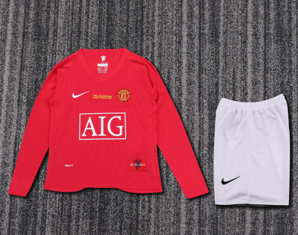 2007-2008 Man United Champions League Version Home Kids Retro LS Soccer Jersey+Shorts