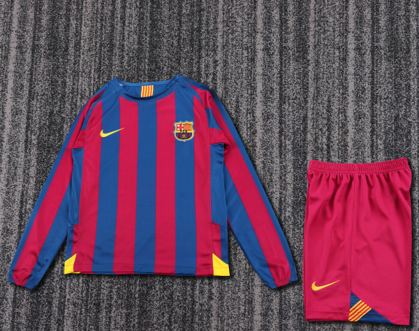 2005-2006 Barcelona Home Kids Retro LS Soccer Jersey+Shorts