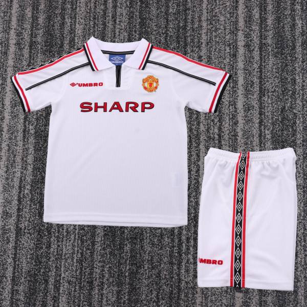 1998-1999 Man United White Kids Retro Soccer Jersey+Shorts