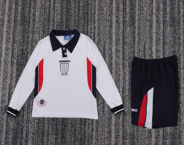1998 England Home Kids Retro LS Soccer Jersey+Shorts