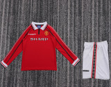1998-1999 Man United Home Kids Retro LS Soccer Jersey+Shorts