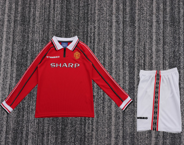 1998-1999 Man United Home Kids Retro LS Soccer Jersey+Shorts
