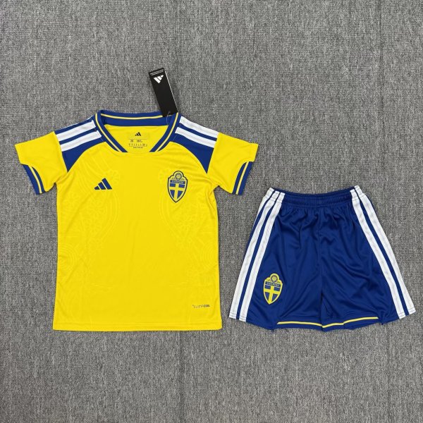 2026 World Cup Sweden Home Kids Soccer Jersey+Shorts