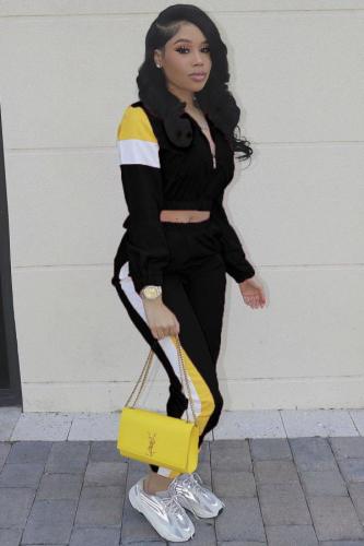 Black Polyester adult Active Fashion Patchwork contrast color Striped Two Piece Suits pencil Long Sleeve Two-piece Pants Set ZL98082