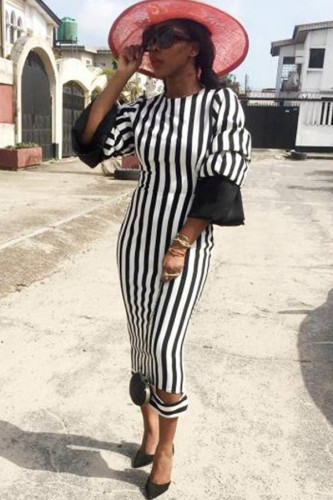 Black Polyester Lightly cooked Bubble sleeves 3/4 Length Sleeves O neck Step Skirt Mid-Calf Striped Patchwork Print Casual Dresses KN103077