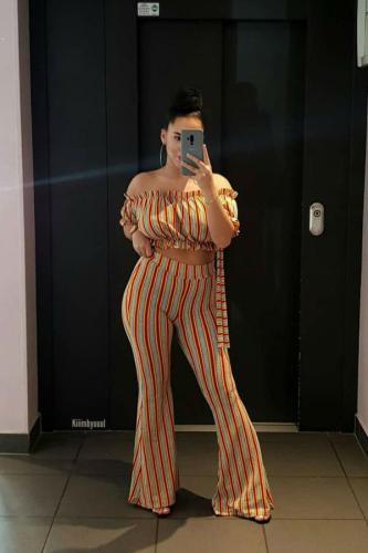 Orange Polyester Fashion Sexy Striped crop top Slim fit ruffle Skinny Two-piece Pants Set LL541175
