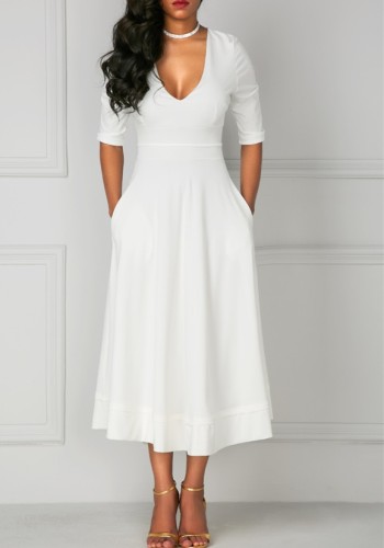 White Brief Cute V-Neck Half Sleeve Loose Long Club Dresses