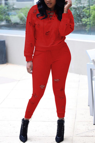Red Polyester Fashion Casual adult Ma'am Solid Burn-out Two Piece Suits Straight Long Sleeve Two Pieces