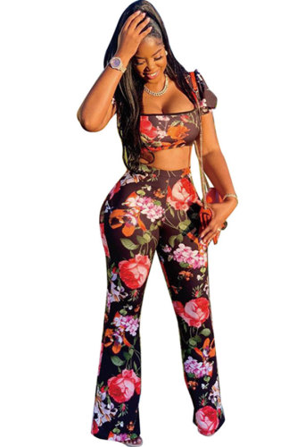 Black Polyester Fashion Sexy Patchwork asymmetrical Print Loose Two-piece Pants Set