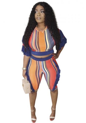 as show Striped Mid Waist Elastic Waist Two-piece suit