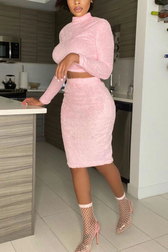 Pink Casual Polyester Plush Patchwork Solid Split Joint O Neck Long Sleeve Regular Sleeve Short Two Pieces