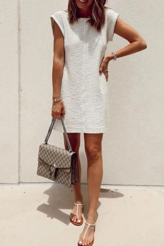 White Cotton OL Cap Sleeve Short Sleeves O neck A-Line Knee-Length Solid Patchwork Club Dresses WN501325