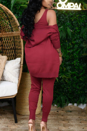 Wine Red Polyester Fashion Casual Solid pencil Long Sleeve Two Pieces