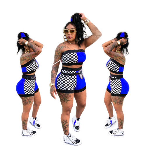 Blue Plaid Mid Waist Elastic Waist Two-piece suit