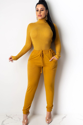 Black Polyester Casual Two Piece Suits Solid Patchwork pencil Long Sleeve Two-piece Pants Set CM401256