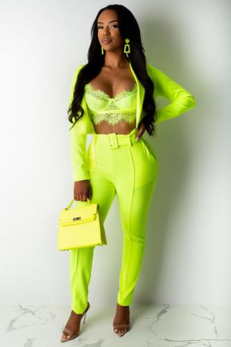Fluorescent green Polyester Sexy Fashion Two Piece Suits Solid Slim fit Straight Long Sleeve Two-piece Pants Set