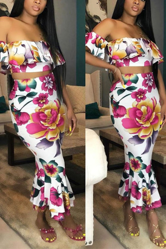 White venetian Sexy Floral Print ruffle pencil Short Sleeve Two Pieces
