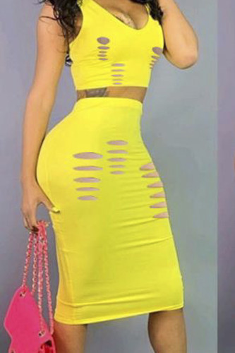 Yellow Polyester Sexy Fashion Hole Solid crop top Slim fit Two Piece Suits Skinny Two-Piece Dress