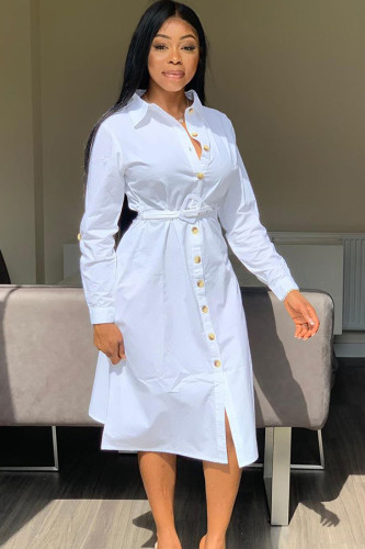 Green Polyester Casual Shirt sleeves Long Sleeves Notched Step Skirt Mid-Calf Patchwork Solid Long Sleeve Dresses JS91199