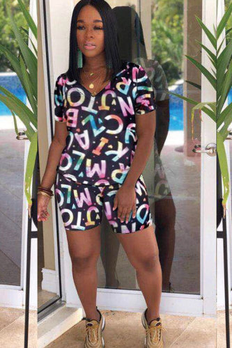 Multi-color Polyester Sexy Fashion Print Patchwork Straight Short Sleeve Two-Piece Short Set FE04011