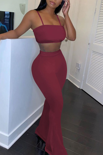 Red Polyester Sexy Europe and America Lightly cooked Solid ruffle Boot Cut Sleeveless Two Pieces