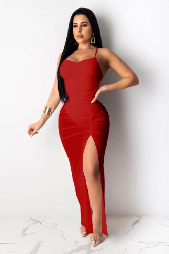 Fluorescent green Polyester adult Sexy Fashion Spaghetti Strap Sleeveless Slip Pencil Dress Ankle-Length Solid split Patchwork Mesh Club Dresses DL591227