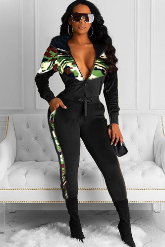 Grey Polyester Celebrities Two Piece Suits Patchwork Camouflage pencil Long Sleeve Two-piece Pants Set DF25064
