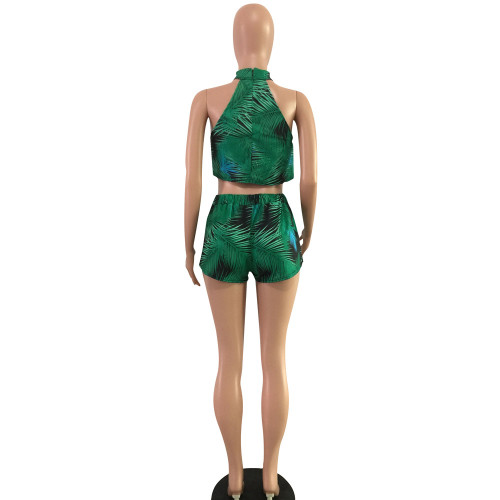 Green Print Mid Waist Elastic Waist Two-piece suit