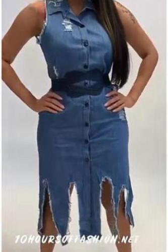 Light Blue The cowboy adult Sexy Fashion Tank Sleeveless Turndown Collar Asymmetrical Mid-Calf Solid hollow out asymmetrical hole tassel backless Patchwork HM93200