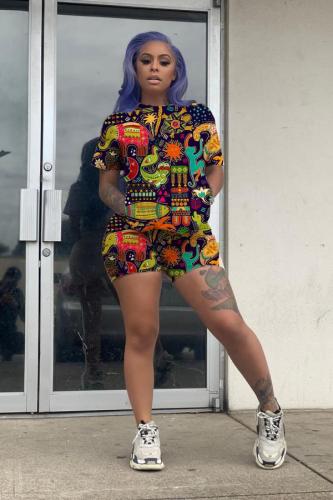 Multi-color Polyester Sexy Fashion Animal Prints Character Regular Short Sleeve Two-Piece Short Set