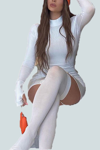 White Sexy Polyester Solid Split Joint O Neck Long Sleeve Mini Pencil Skirt Dresses