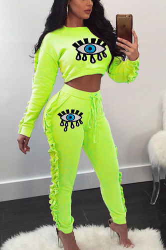 Black Polyester OL Print Sequin Eyes Printed Skinny Long Sleeve Two Pieces
