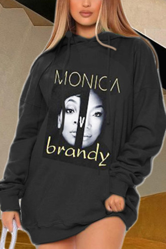 Black Fashion Street Adult Polyester Print Letter Hooded Collar Long Sleeve Mini Printed Dress Dresses