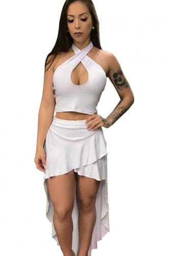 White Polyester Sexy Fashion Slim fit Two Piece Suits asymmetrical Solid crop top Regular Sleeveless Two-Piece Dress MR061184