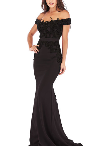 Black Sexy Spaghetti Strap One word collar Slim Dress Floor-Length Patchwork LR17851