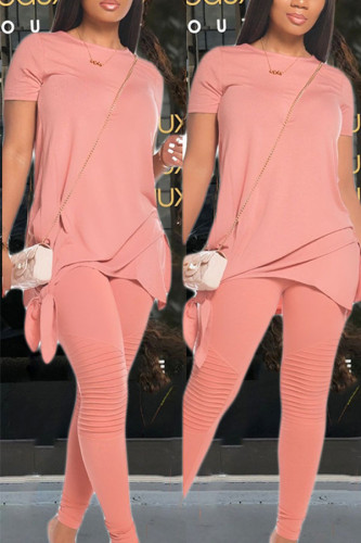Pink Elegant Polyester Solid O Neck Two Pieces