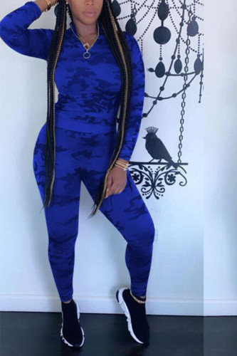 Blue Cotton Blends Street Print Camouflage pencil Long Sleeve Two Pieces