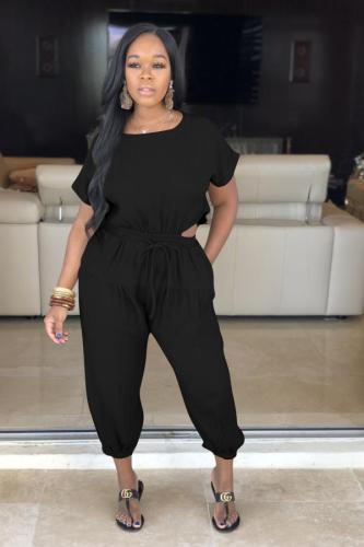 Black Polyester Casual Fashion Bandage Solid Two Piece Suits Slim fit Regular Short Sleeve Two-piece Pants Set DL591184