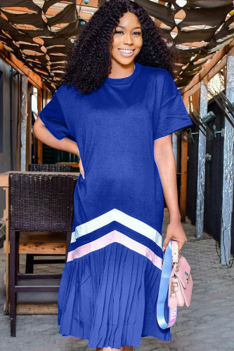 Blue Polyester adult Fashion Casual Off The Shoulder Short Sleeves O neck A-Line Mid-Calf Solid Patchwork Casual Dresses JS91236