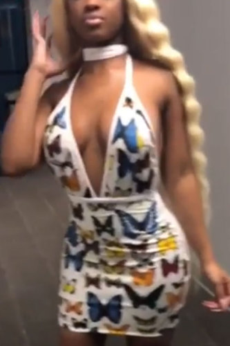 White Fashion Sexy Off The Shoulder Sleeveless O neck Step Skirt Mini Print Club Dresses HM93019