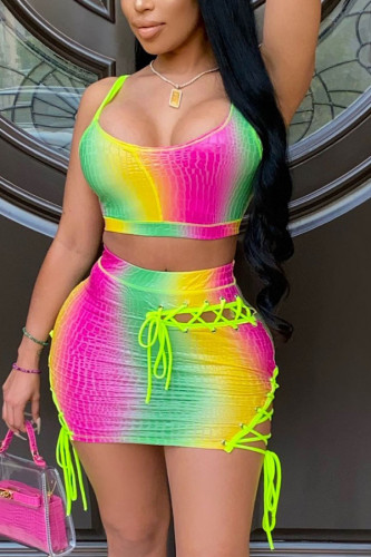 Green and yellow Sexy Polyester Spandex Twilled Satin Gradual Change Print Pierced Bandage Hollowed Out Vests Strap Design Spaghetti Strap Sleeveless Spaghetti Strap Short Two Pieces