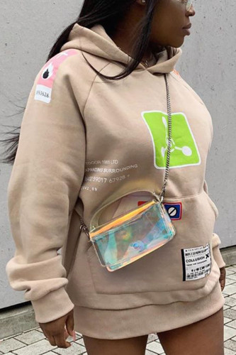 Khaki Casual Polyester Print Split Joint Hooded Collar Long Sleeve Mini Pencil Skirt Dresses