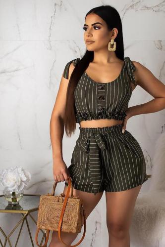Black Polyester Sexy Fashion Striped Print Patchwork Loose Two-Piece Short Set HM93157